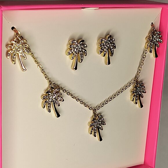 Lilly Pulitzer Sparkling Palm Trees Gift Set Necklace & Earrings Gold Tone - Picture 5 of 8